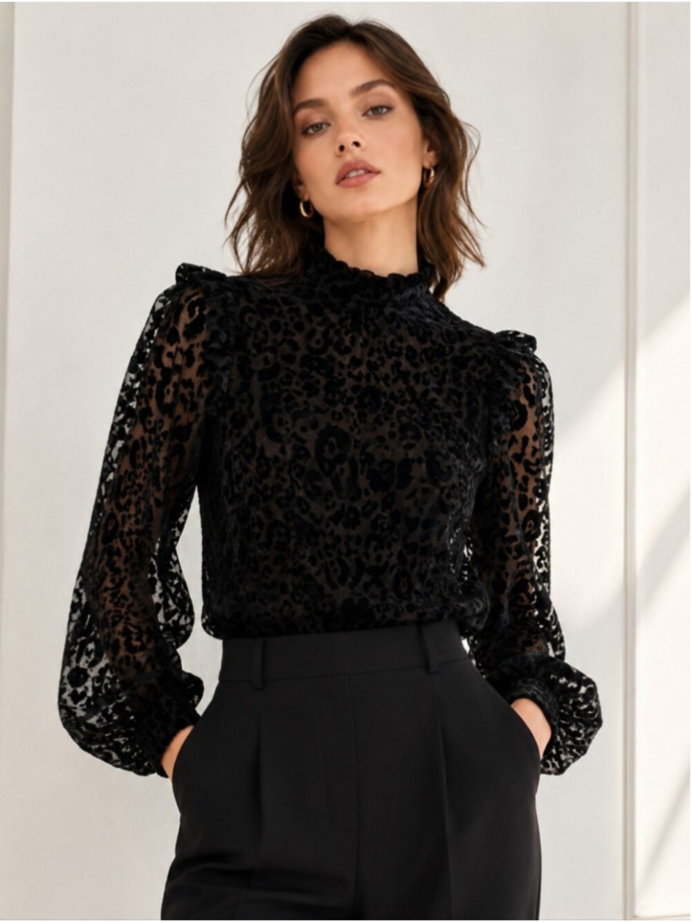 ZARA black sheer leopard print blouse with a subtle velvet/flocked texture